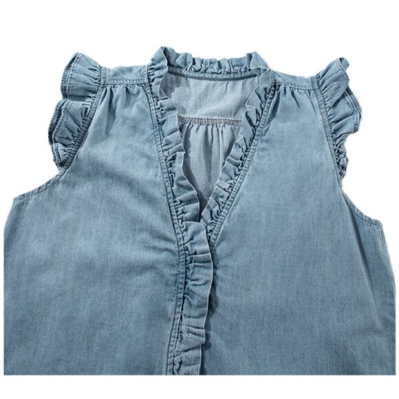 💙 NEW Beau Blue Frilly Ruffle Trim V-Neck Chambray Tank Top – Size XL - Picture 5 of 6